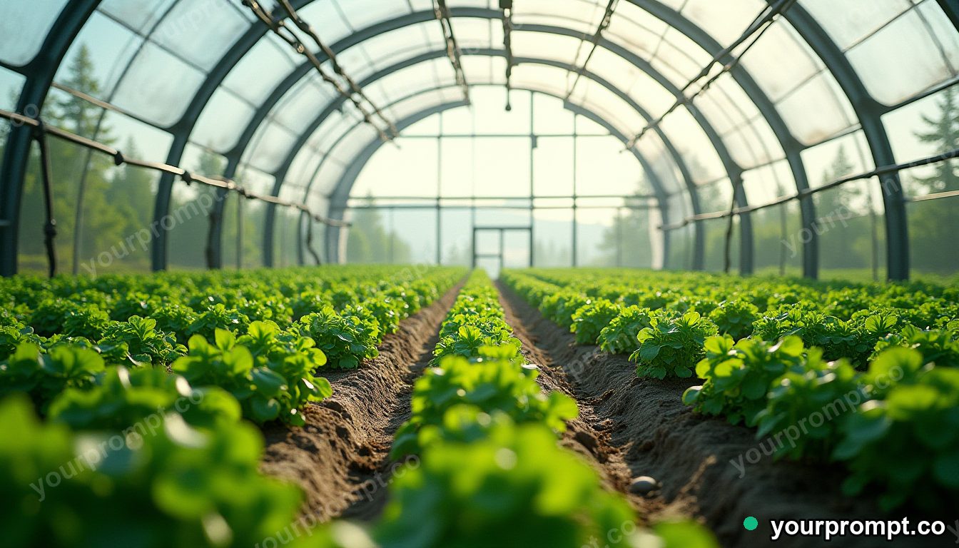 A domed Mars greenhouse full of green crops in clean minimalist style — AI-generated image from a text prompt