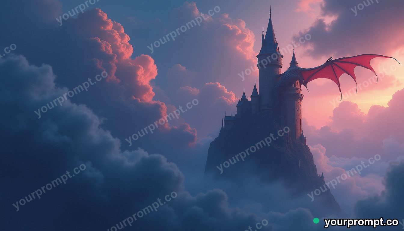 A dragon perched on a castle tower amid storm clouds in anime illustration style — AI-generated image from a text prompt
