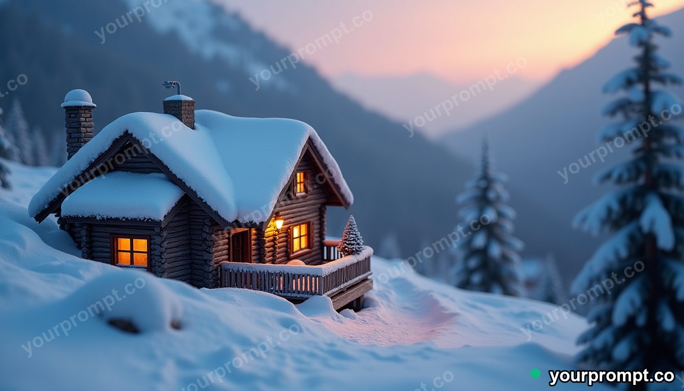 A snow-covered alpine chalet at twilight in tilt-shift miniature style — AI-generated image from a text prompt