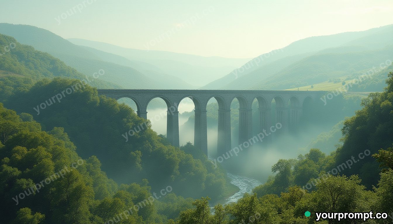 A Roman stone aqueduct over a green valley in dreamy pastel style — AI-generated image from a text prompt