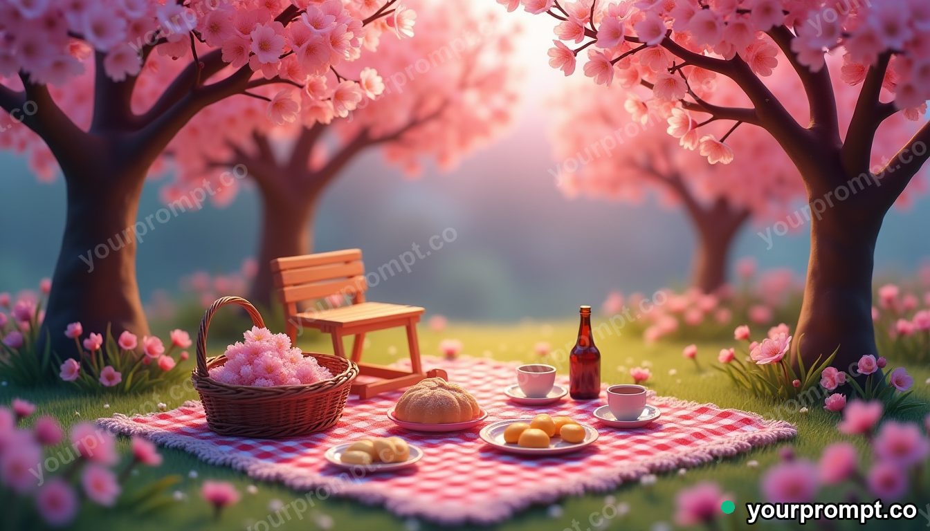 A spring picnic among blooming cherry trees in isometric miniature style — AI-generated image from a text prompt