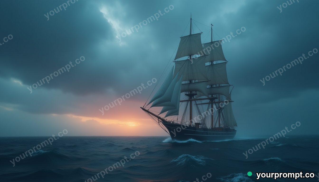 A tall sailing ship in a stormy sea at dusk in ethereal long-exposure style — AI-generated image from a text prompt