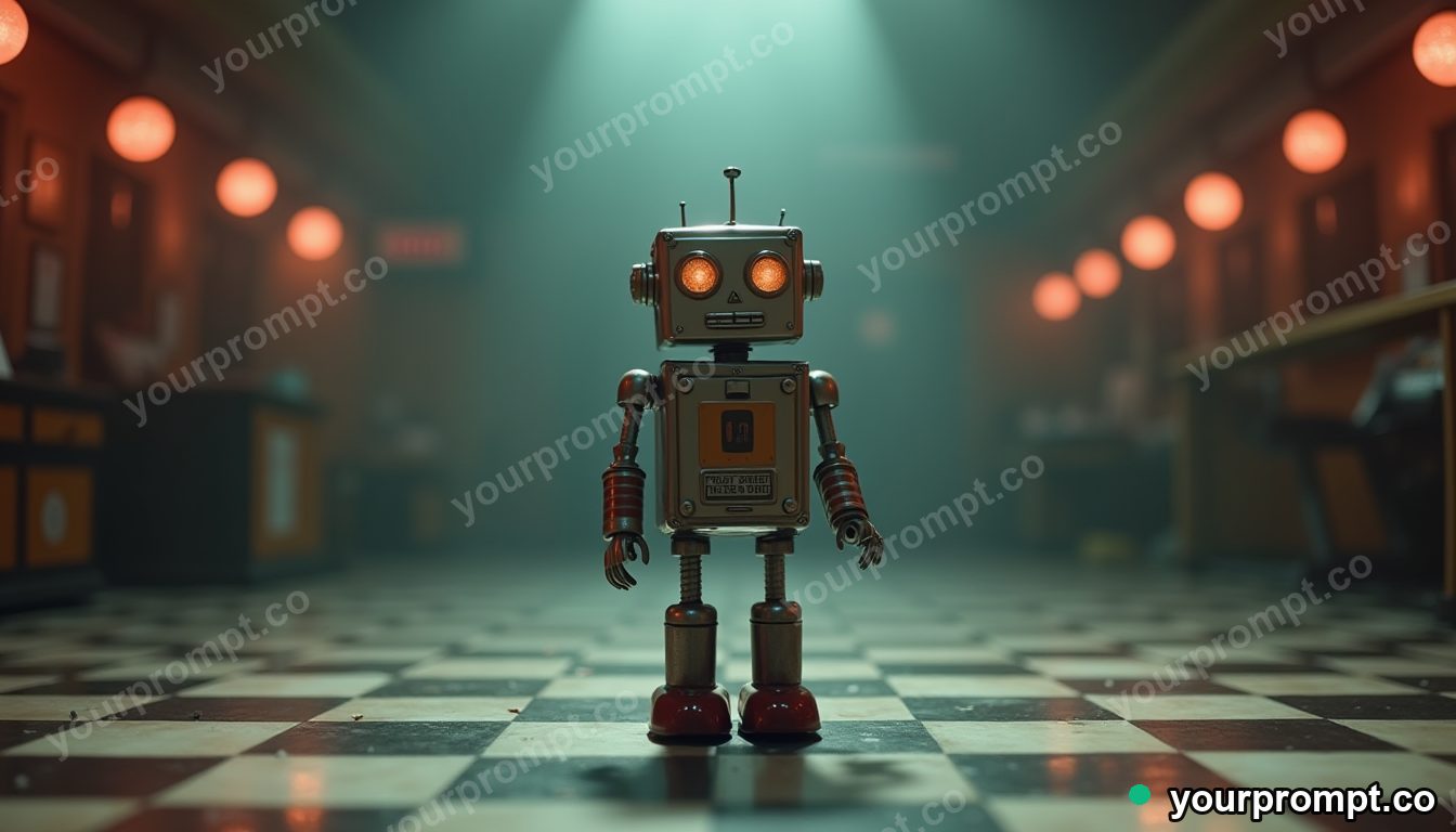 A retro 1950s tin robot on a checkered floor in ethereal long-exposure style — AI-generated image from a text prompt