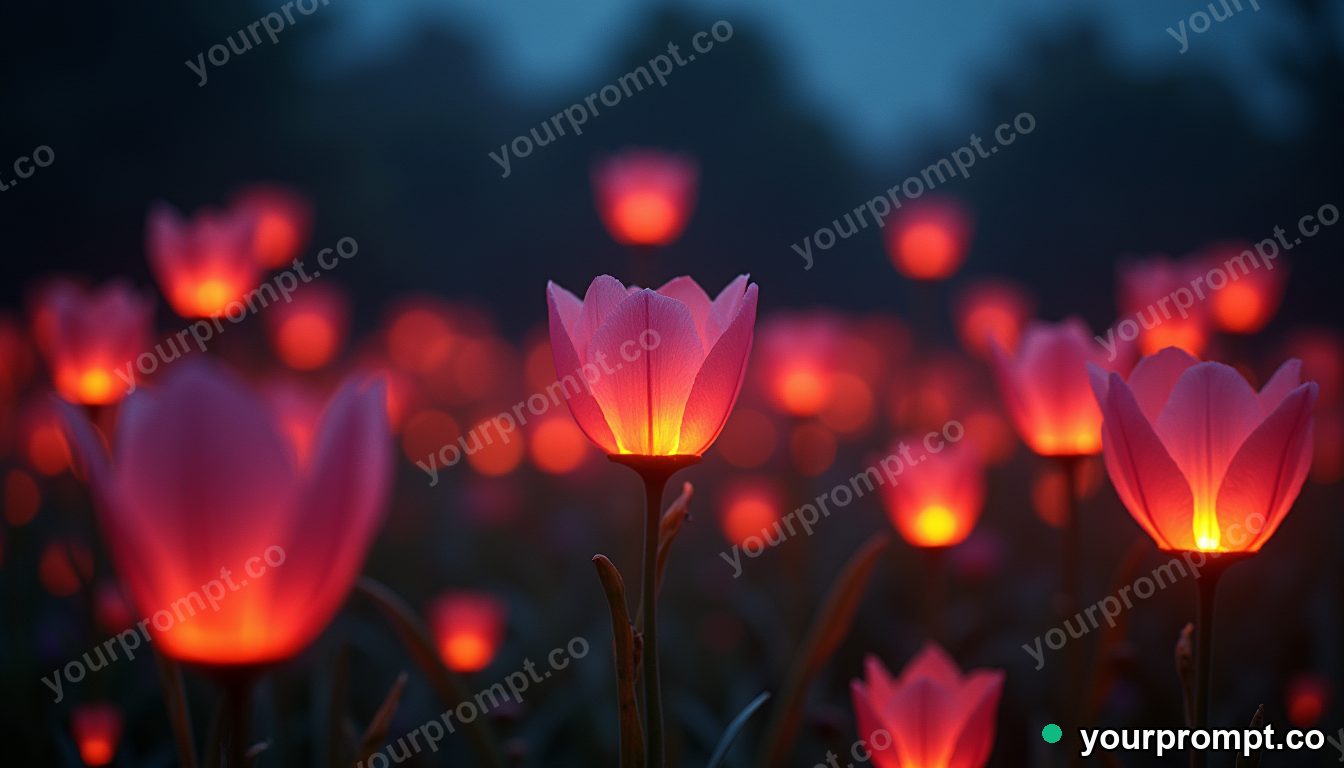 A meadow where the flowers are tiny floating lanterns in neon cyberpunk style — AI-generated image from a text prompt