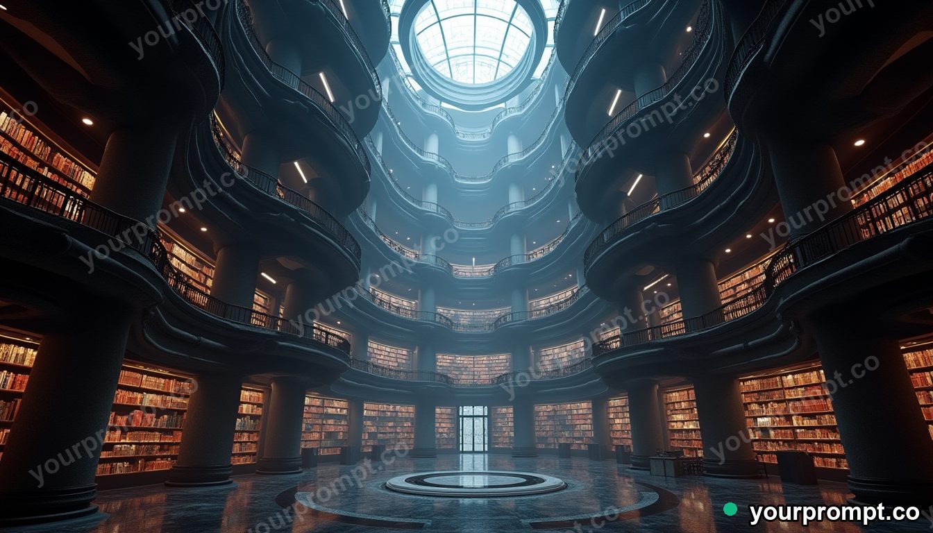 A futuristic library atrium with curving balconies in epic fantasy concept art style — AI-generated image from a text prompt