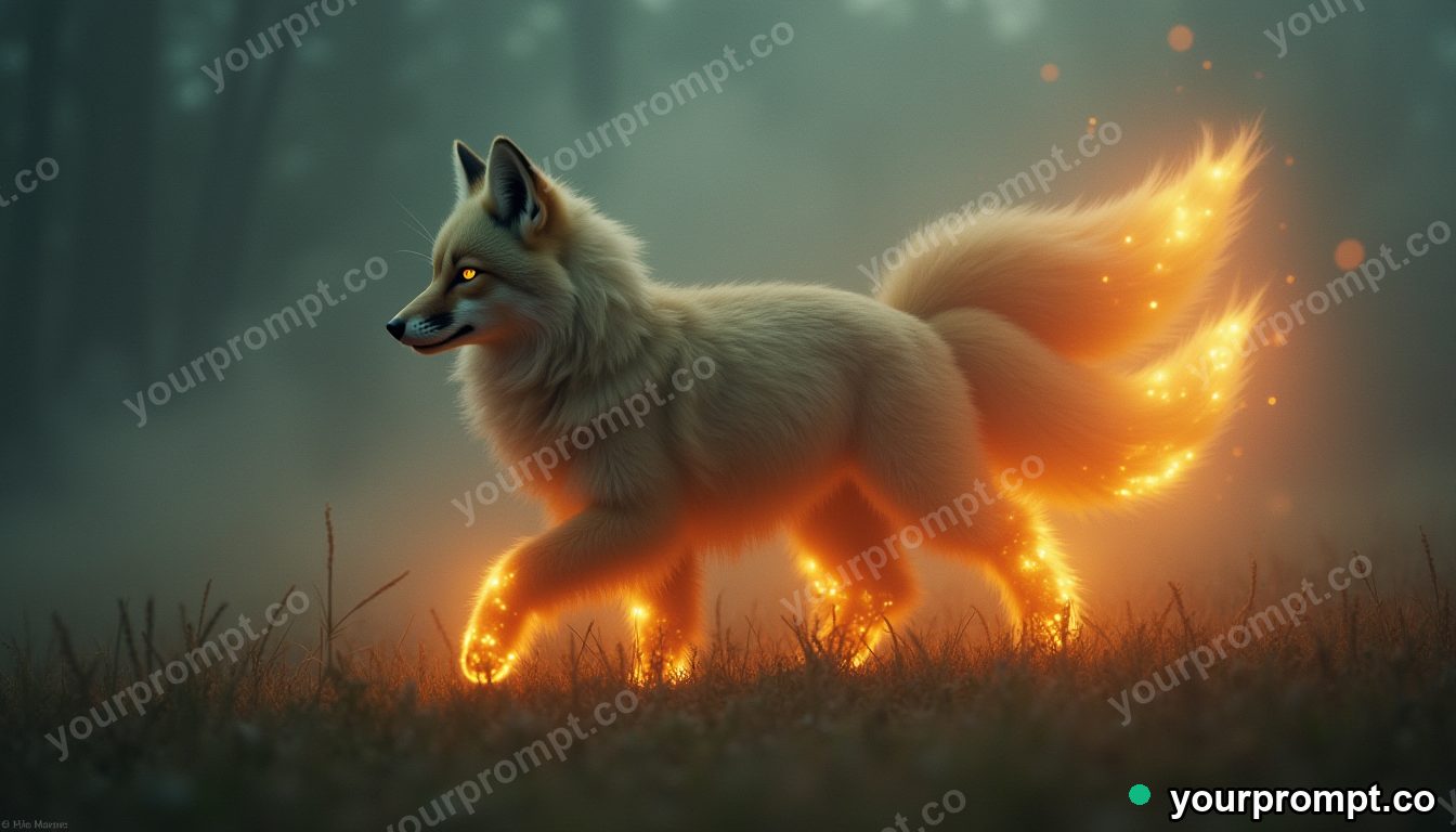 A guardian fox spirit with nine glowing tails in vintage film photograph style — AI-generated image from a text prompt