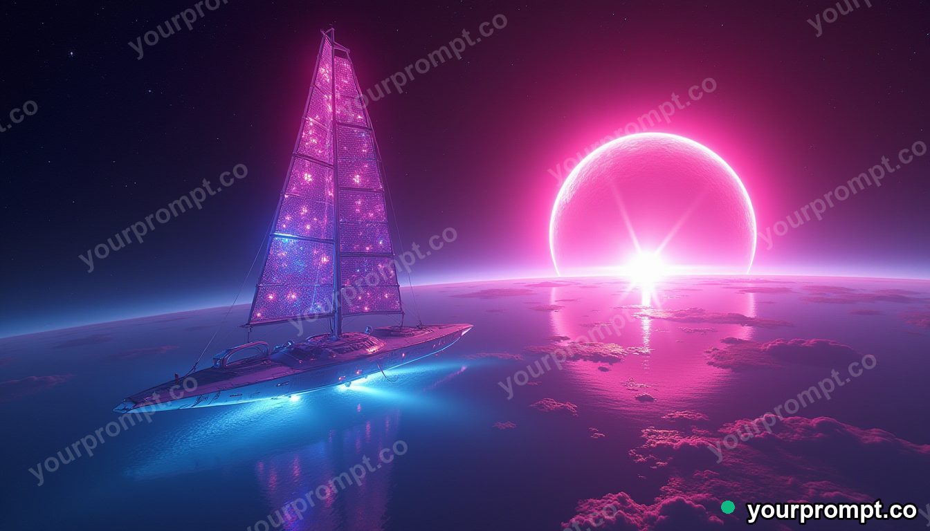A solar-sail spacecraft unfurling near a bright star in vaporwave synthwave style — AI-generated image from a text prompt