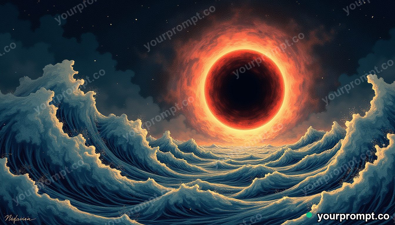 A black hole bending light around its glowing disk in ukiyo-e woodblock style — AI-generated image from a text prompt
