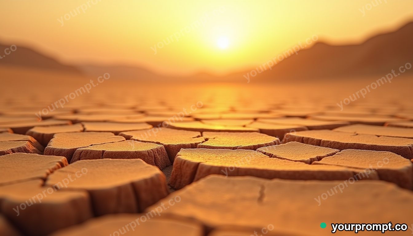 Cracked dry earth in a sunbaked desert, macro in golden-hour photography style — AI-generated image from a text prompt
