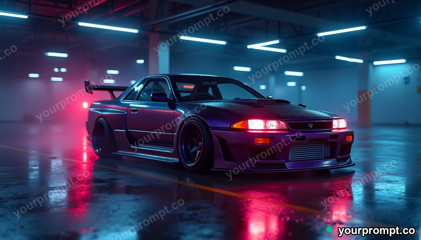 A JDM drift car with neon underglow in a parking garage in claymation stop-motion style — AI-generated image from a text prompt