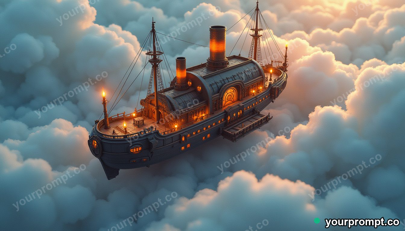 A steampunk airship docking at a cloud city in isometric miniature style — AI-generated image from a text prompt