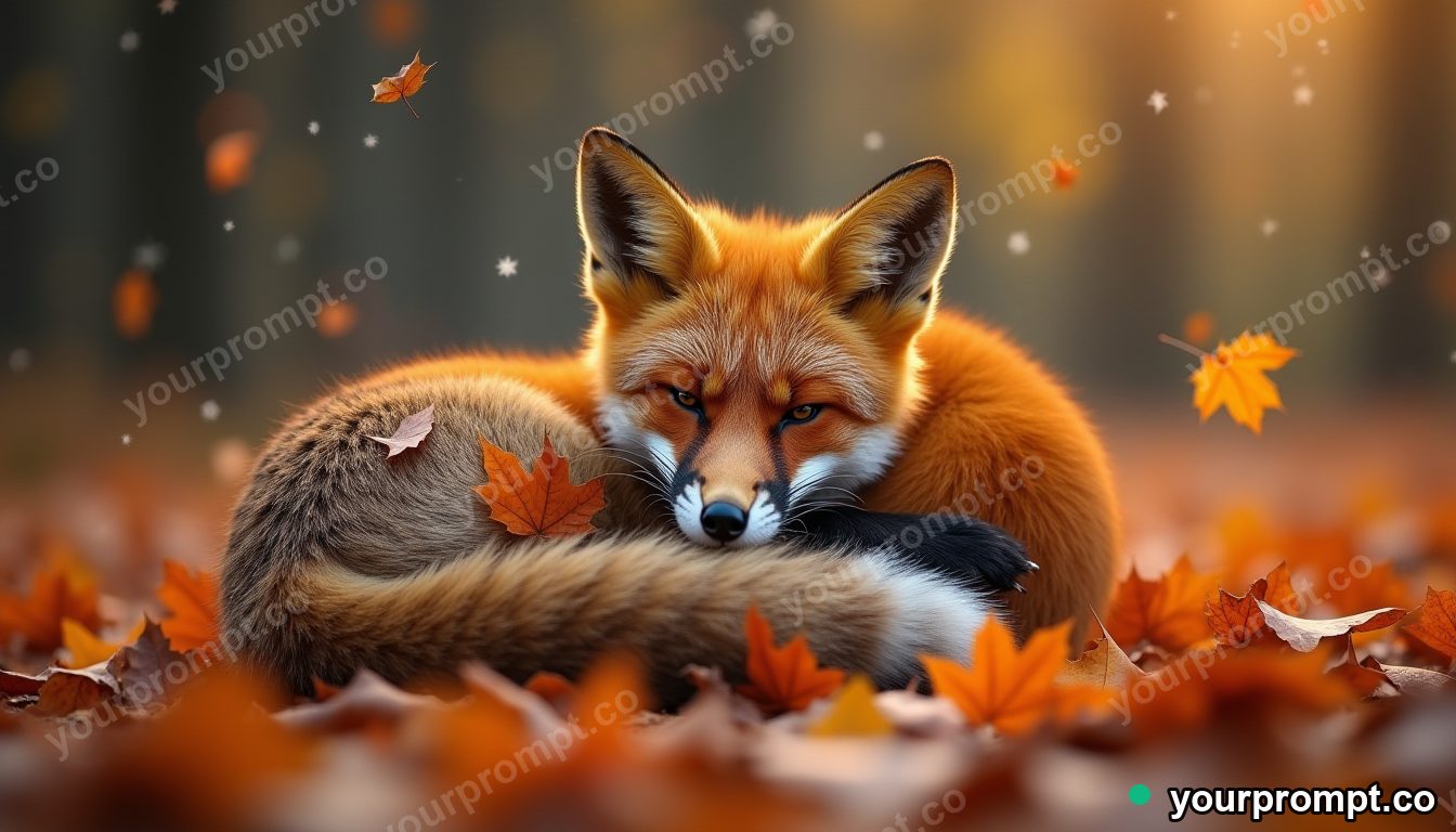 A red fox curled in autumn leaves in double-exposure style — AI-generated image from a text prompt