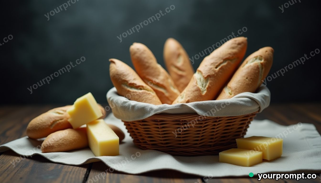 A basket of fresh bread and cheese on linen in cinematic film still style — AI-generated image from a text prompt