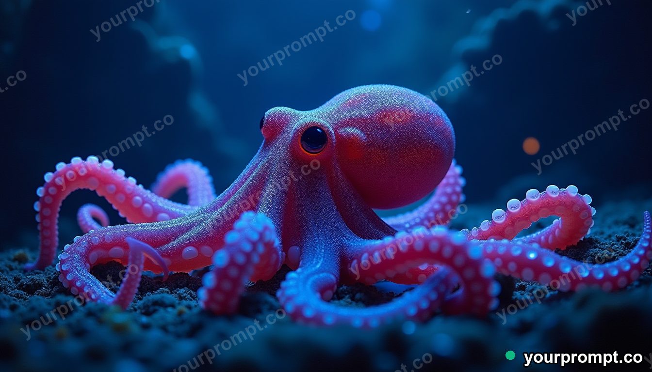 An octopus changing color on the sea floor in neon cyberpunk style — AI-generated image from a text prompt