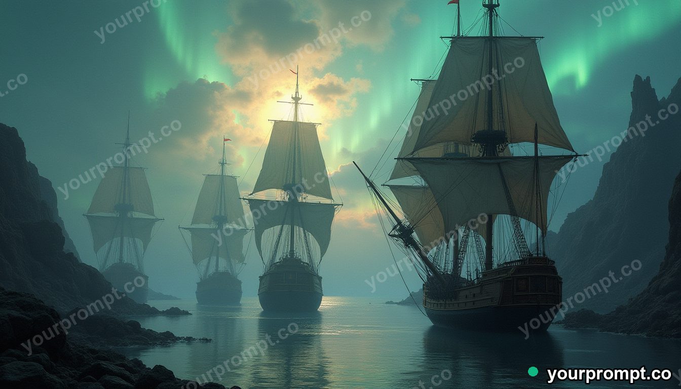 An old sailing harbor crowded with tall ships in epic fantasy concept art style — AI-generated image from a text prompt