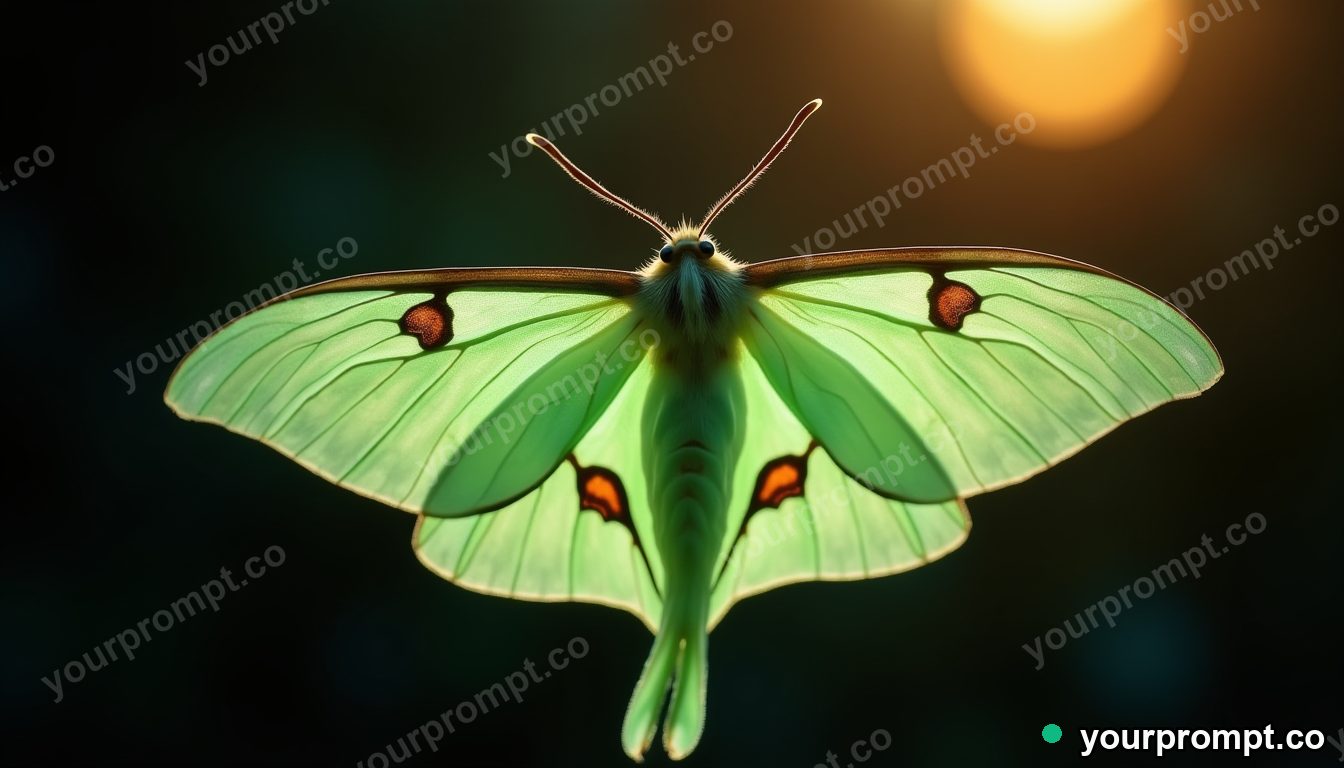 A luna moth with pale green wings at night in golden-hour photography style — AI-generated image from a text prompt