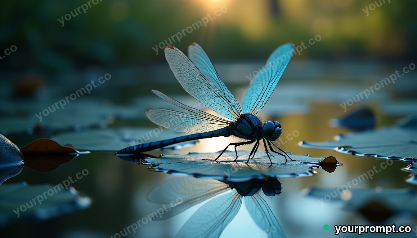A dragonfly with crystalline wings over a pond in cinematic film still style — AI-generated image from a text prompt