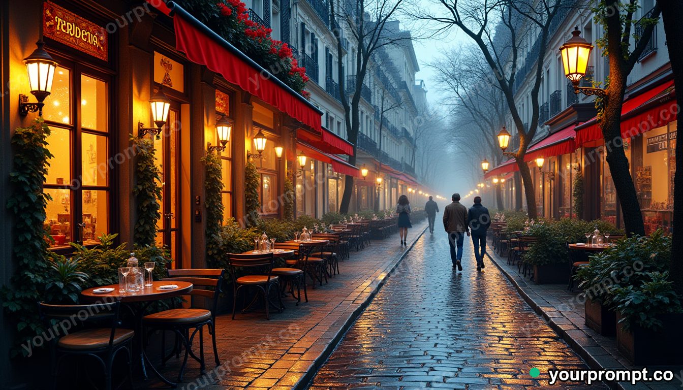 A cobbled Parisian cafe street in soft rain in stained-glass mosaic style — AI-generated image from a text prompt