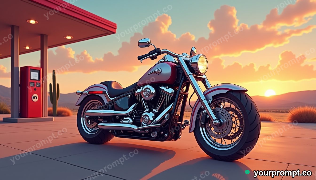 A chrome cruiser bike at a desert gas station at dusk in warm storybook illustration style — AI-generated image from a text prompt