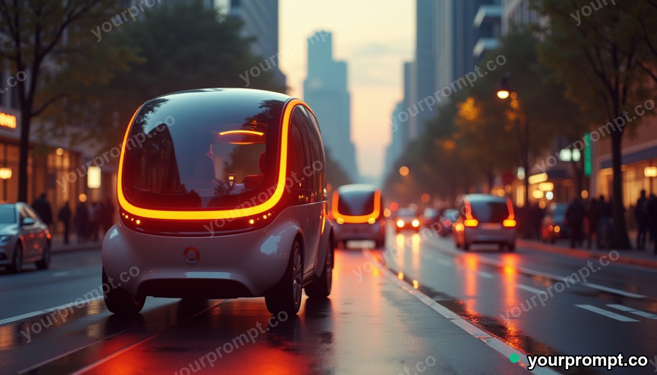 A smart city street with self-driving pods at dusk in vintage film photograph style — AI-generated image from a text prompt