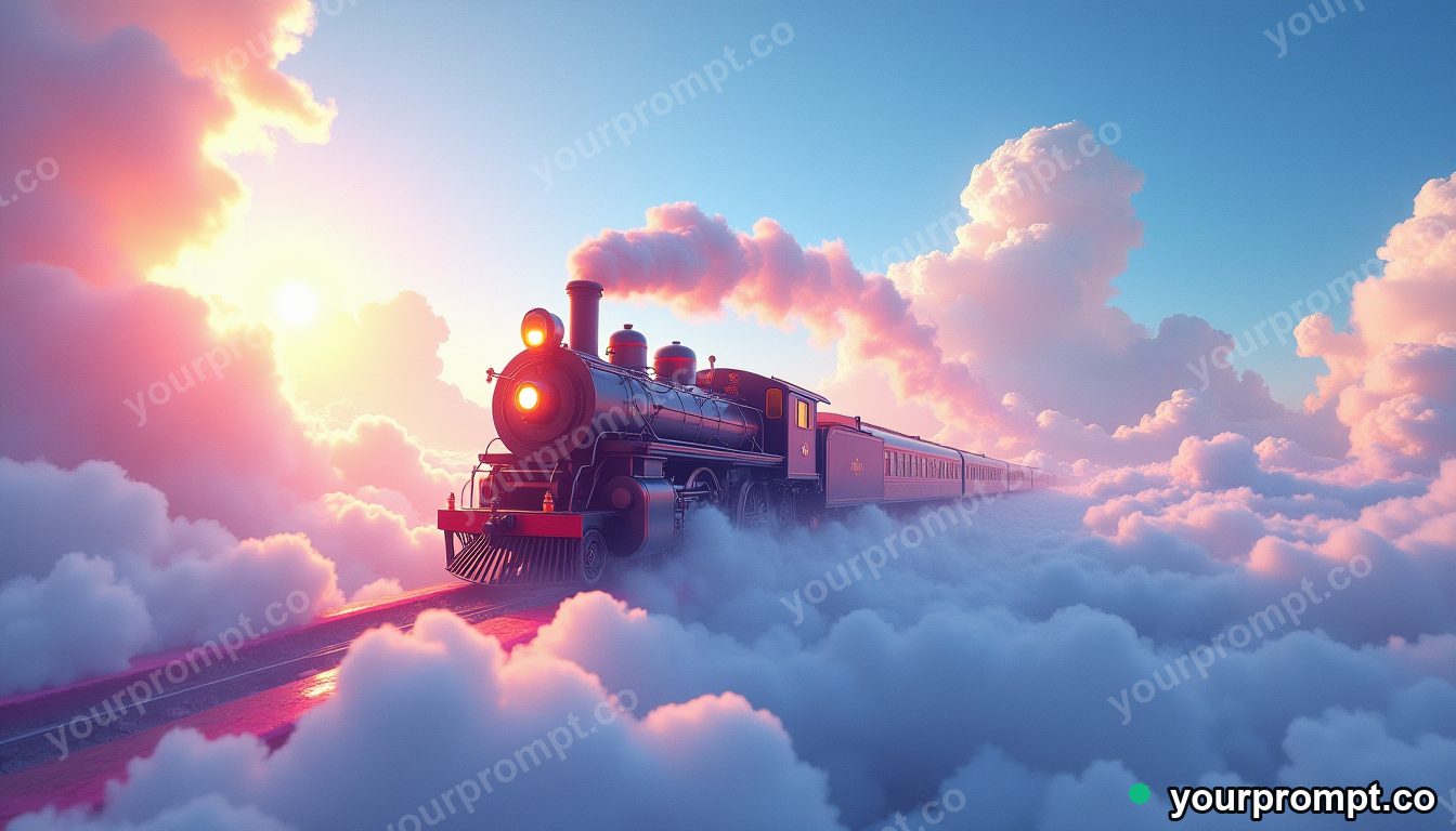A train made of clouds riding on rainbow tracks in rich oil painting style — AI-generated image from a text prompt