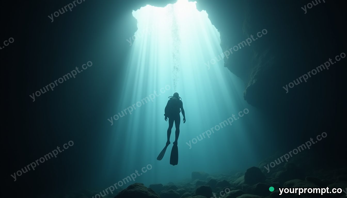 A diver silhouetted in a cathedral of light underwater in charcoal sketch style — AI-generated image from a text prompt