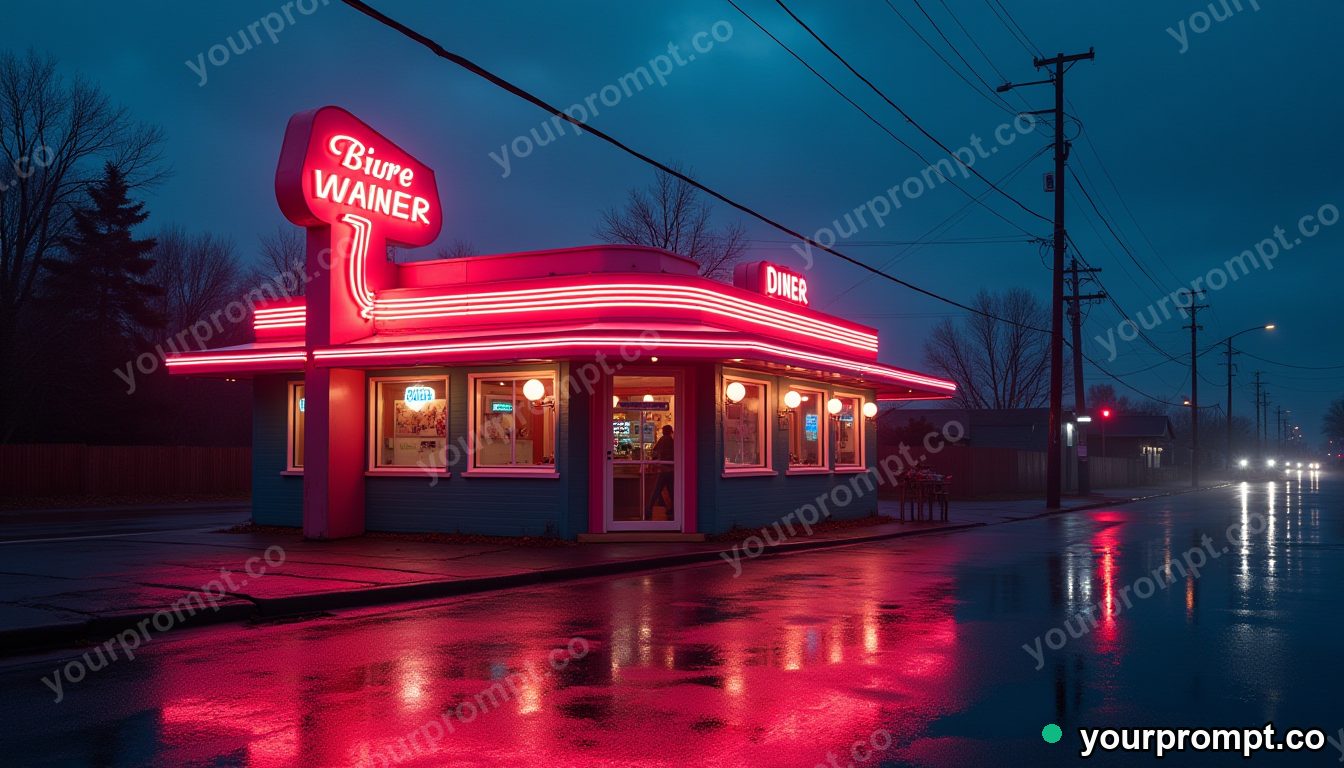 A neon diner glowing on an empty rainy street in bold pop-art style — AI-generated image from a text prompt