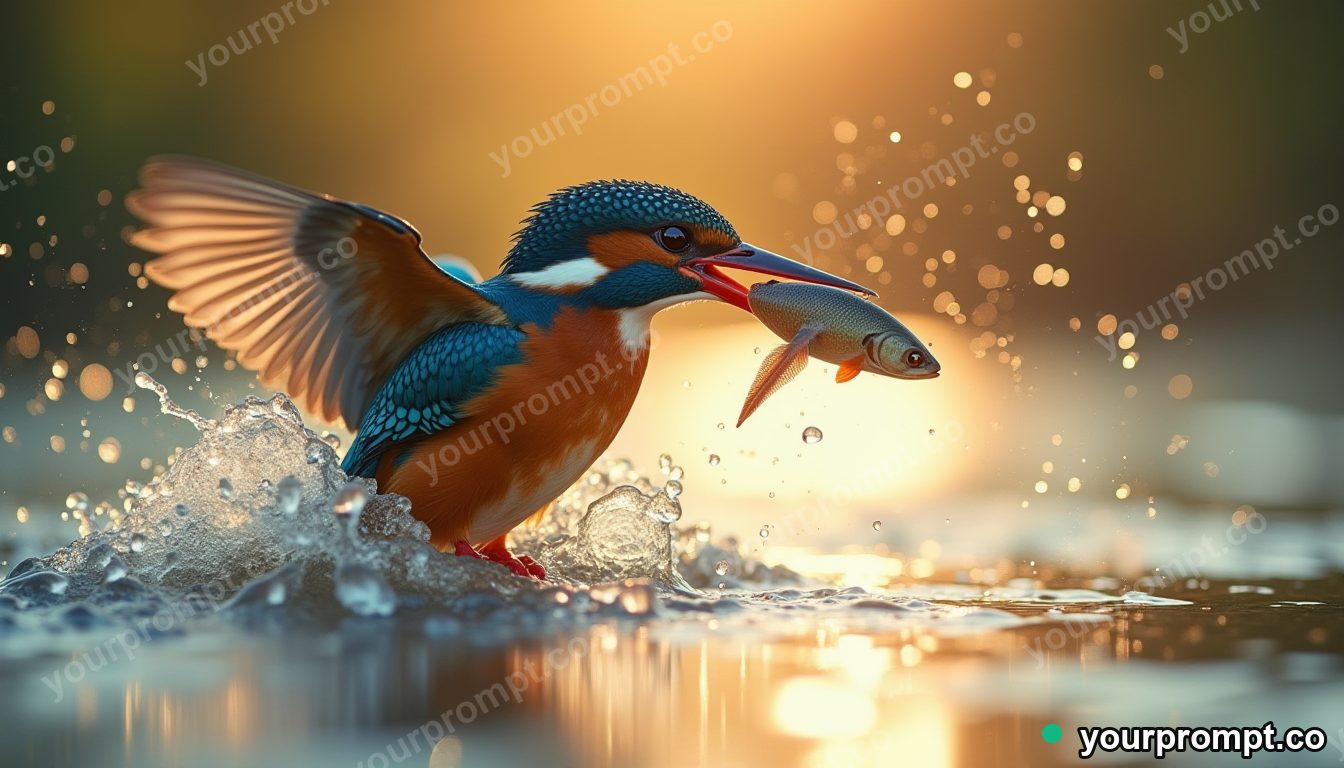 A kingfisher splashing out of water with a fish in vintage film photograph style — AI-generated image from a text prompt