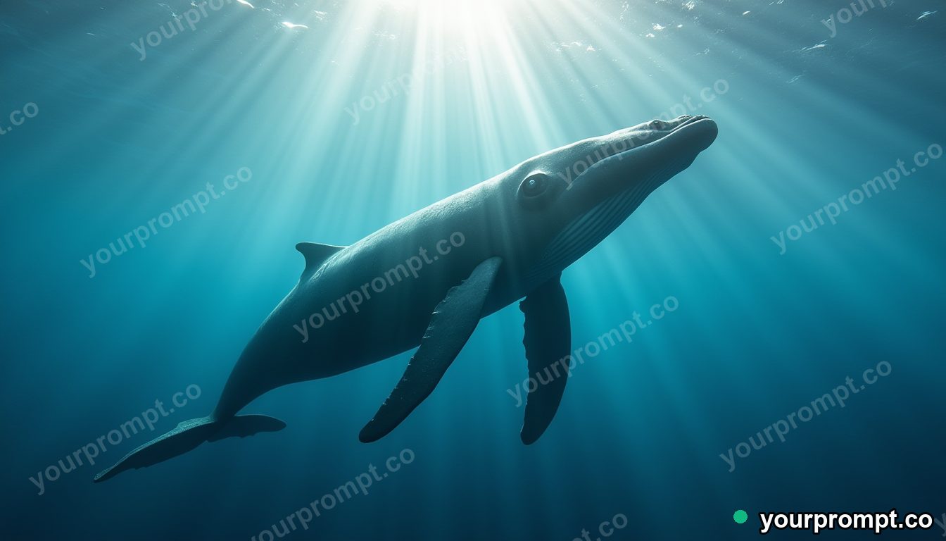 A humpback whale gliding through underwater sunbeams in tilt-shift miniature style — AI-generated image from a text prompt