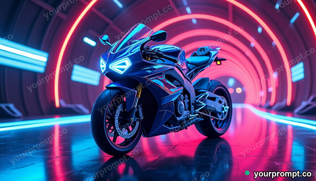 A futuristic electric superbike in a neon tunnel in layered papercut art style — AI-generated image from a text prompt