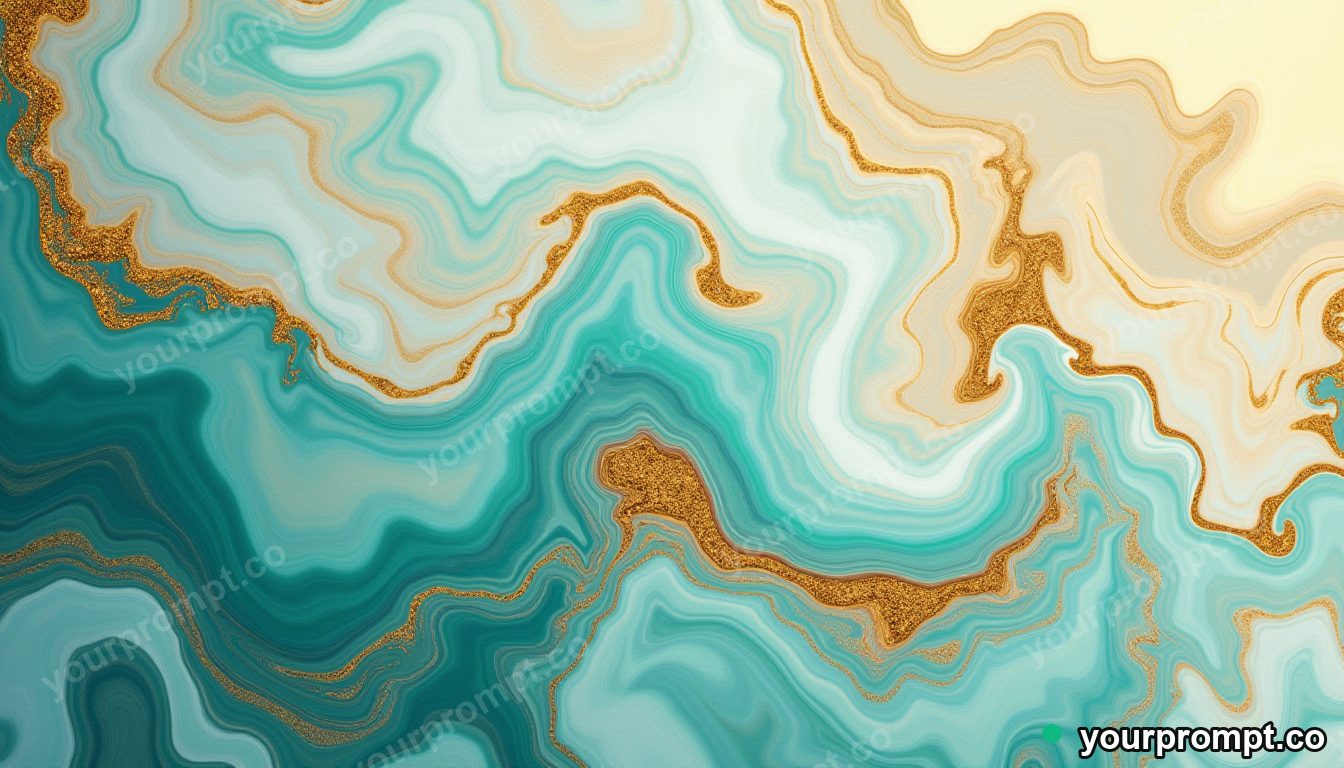 Swirling liquid marble in gold, teal, and white in golden-hour photography style — AI-generated image from a text prompt