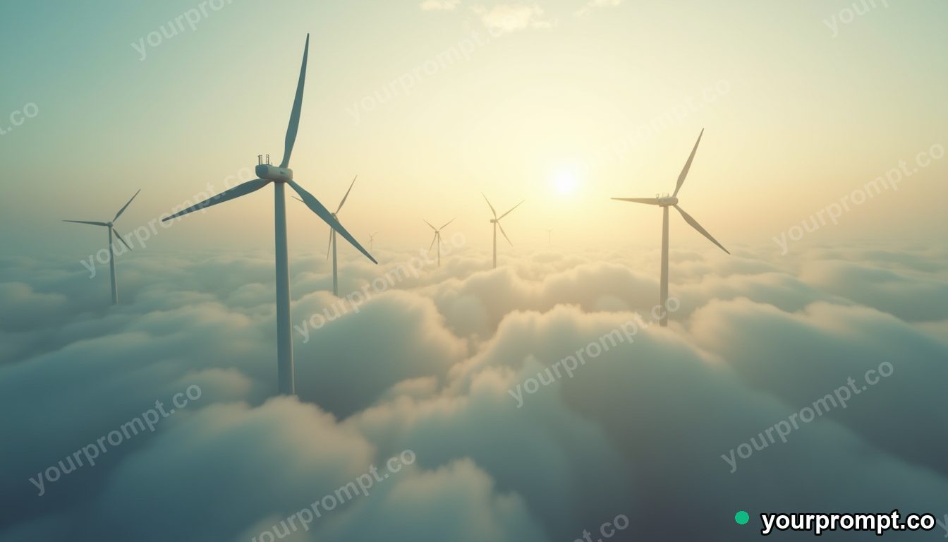 A floating wind-turbine farm above the clouds in vintage film photograph style — AI-generated image from a text prompt