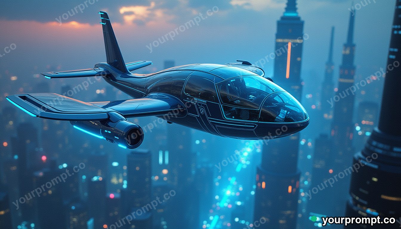 A futuristic eVTOL air taxi over a glass city in rich oil painting style — AI-generated image from a text prompt