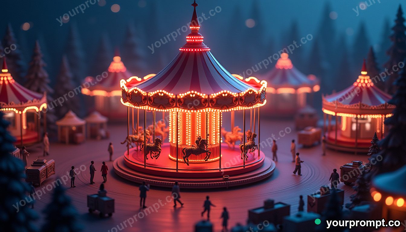 A glowing carousel turning in an empty night fair in isometric miniature style — AI-generated image from a text prompt