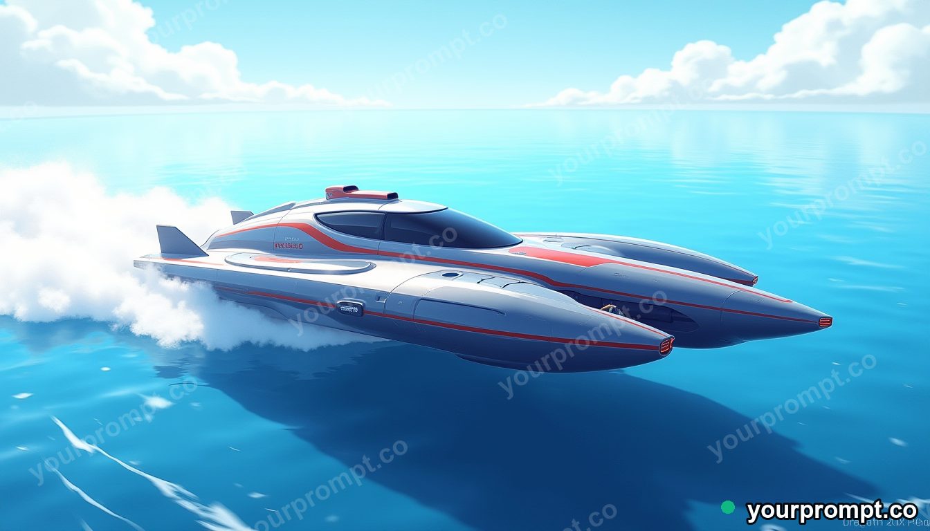 A futuristic hydrofoil racing across the ocean in anime illustration style — AI-generated image from a text prompt