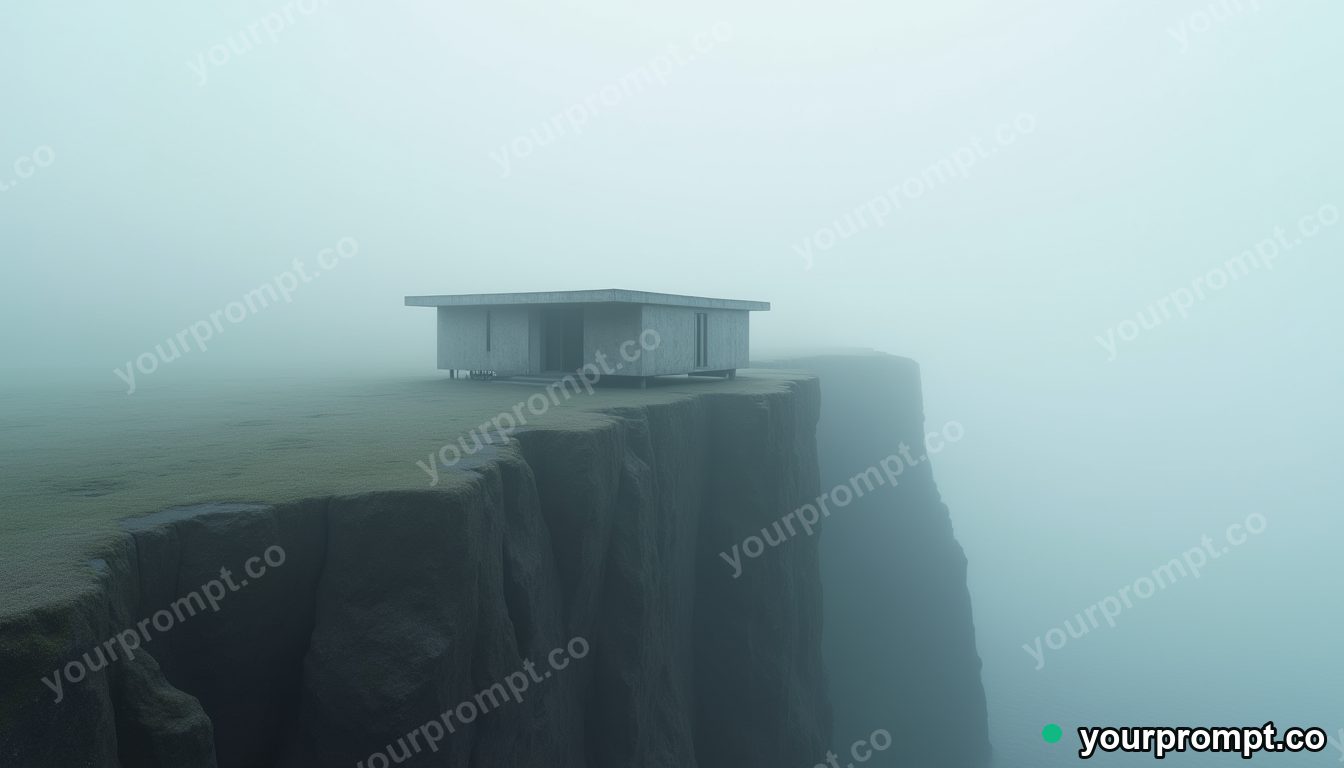 A minimalist concrete house on a misty cliff in double-exposure style — AI-generated image from a text prompt