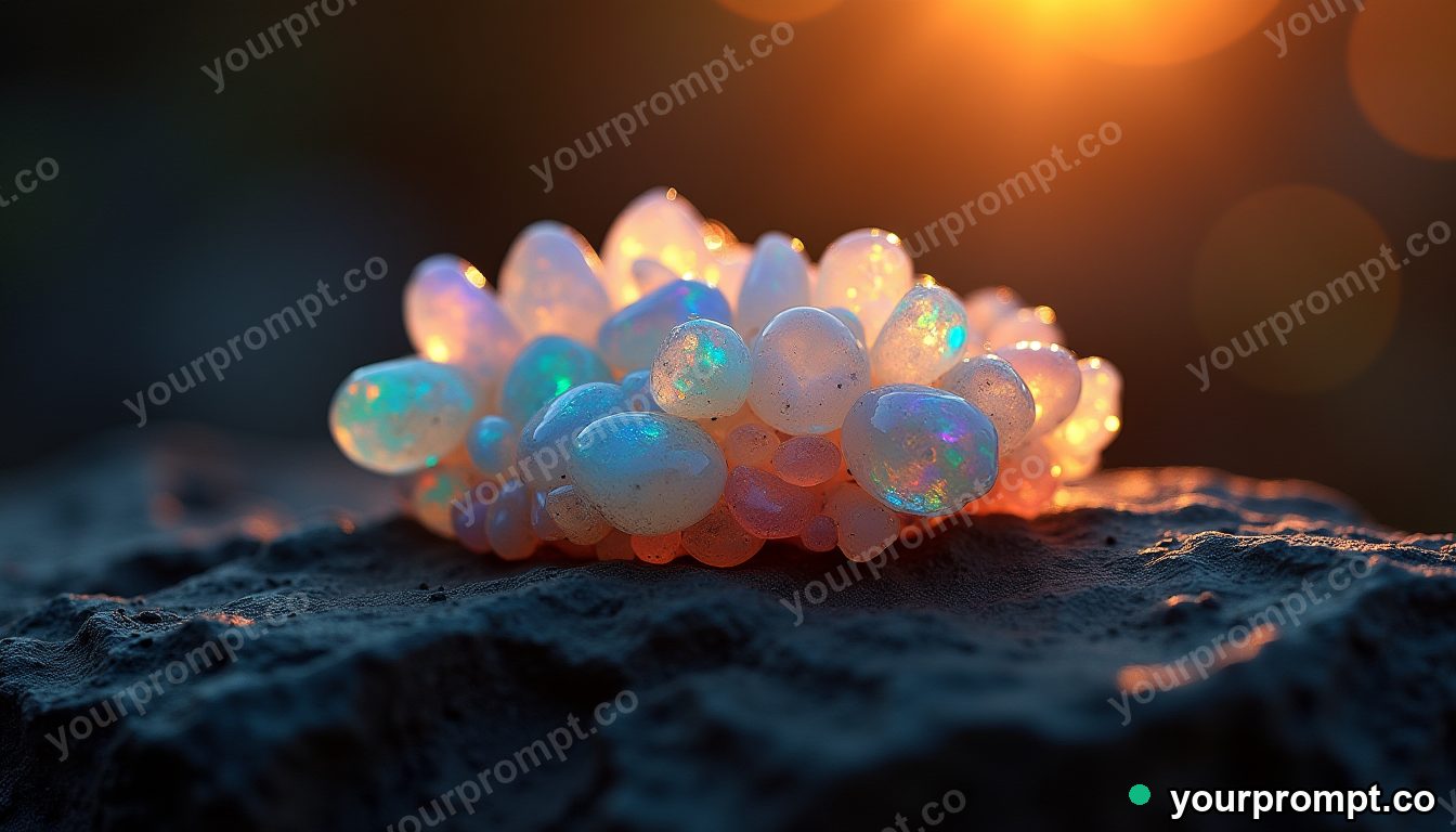 A cluster of rainbow opal in dark rock in golden-hour photography style — AI-generated image from a text prompt