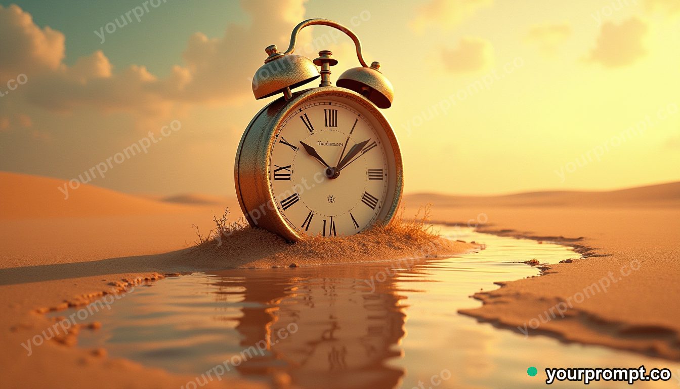 A giant clock melting into a river of golden sand in vaporwave synthwave style — AI-generated image from a text prompt