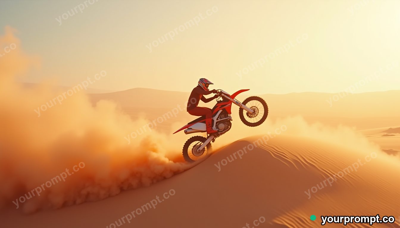 A dirt bike soaring over a dune, sand spraying in neon cyberpunk style — AI-generated image from a text prompt