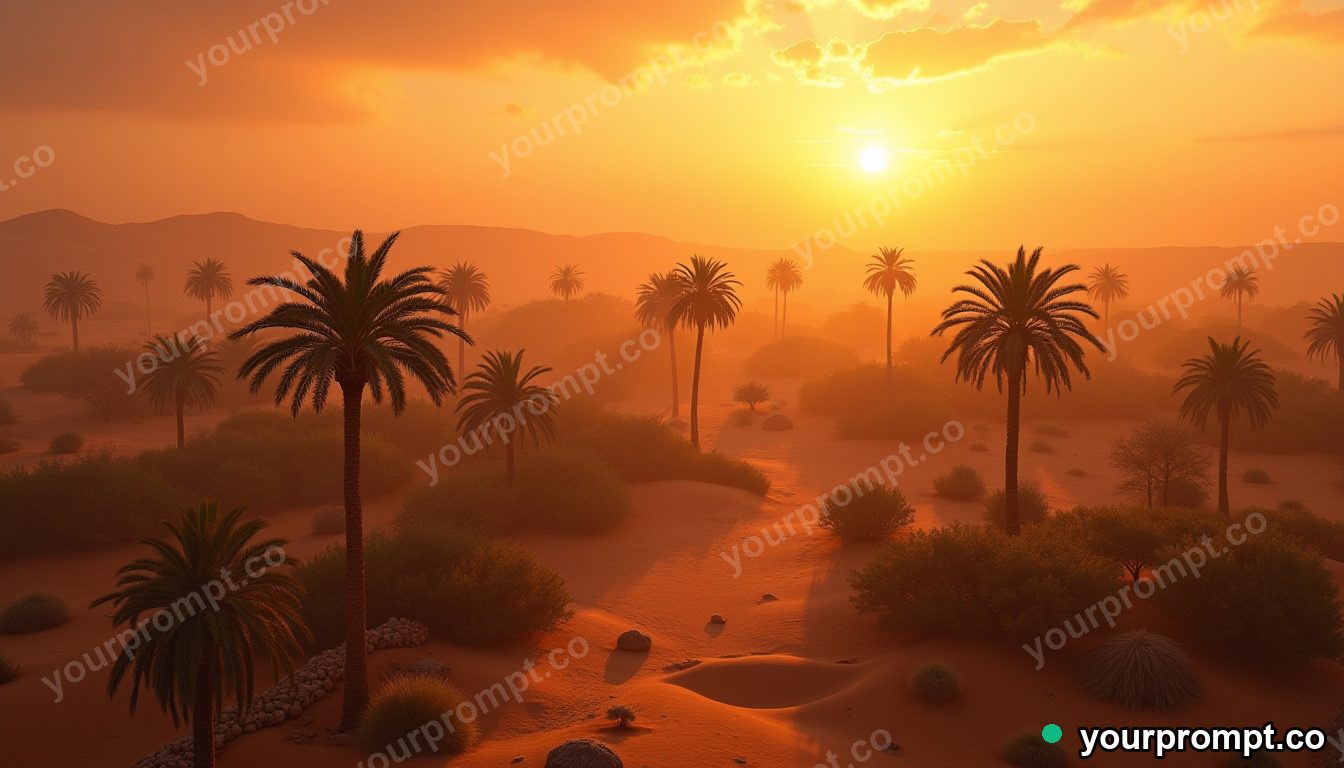 An aerial view of a desert oasis with palm clusters in rich oil painting style — AI-generated image from a text prompt