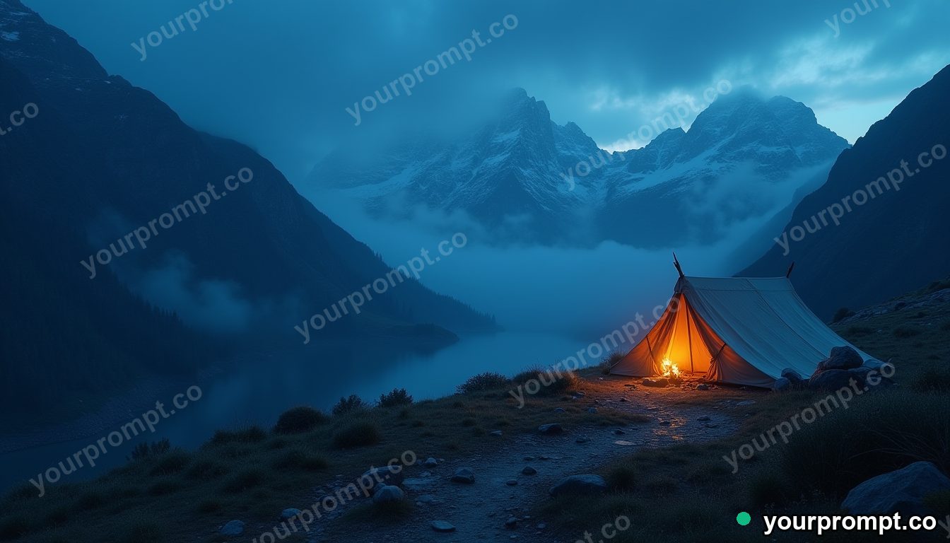 A tent glowing warmly on a dark mountainside in epic fantasy concept art style — AI-generated image from a text prompt