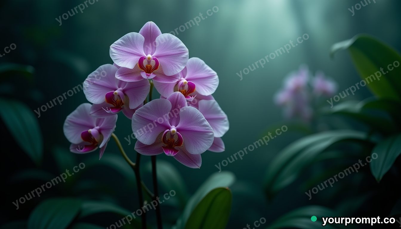 A cluster of wild orchids in a misty jungle in extreme macro photography style — AI-generated image from a text prompt