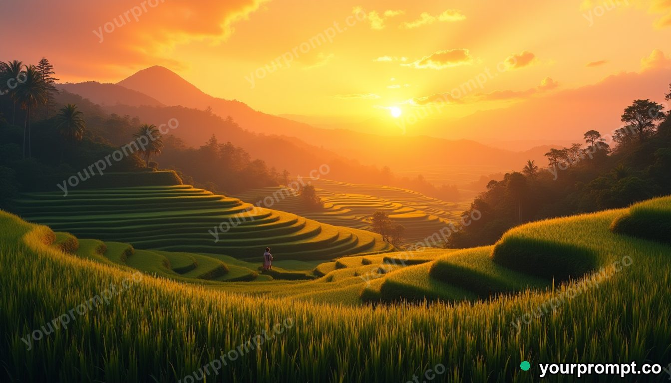 A terraced rice field at sunrise in Bali in warm storybook illustration style — AI-generated image from a text prompt