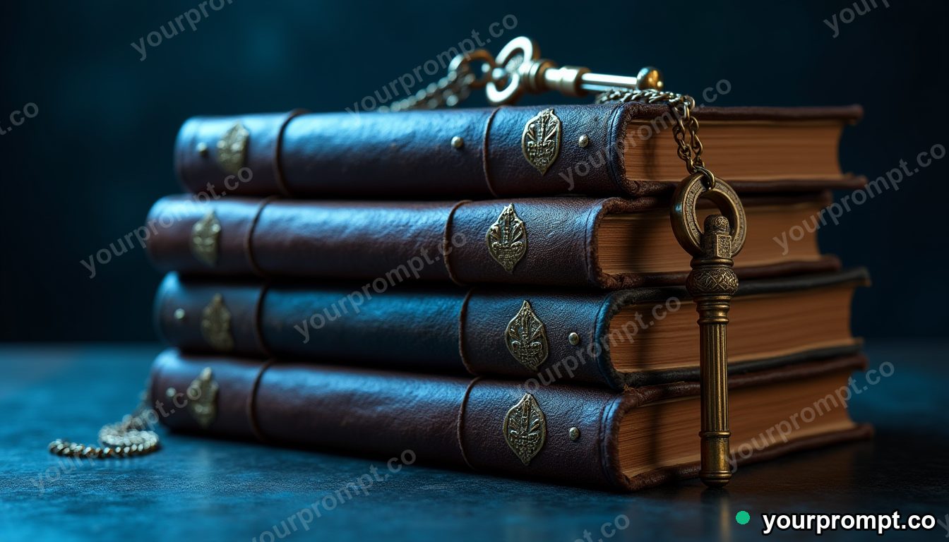 A stack of old leather books with a brass key in studio product photography style — AI-generated image from a text prompt