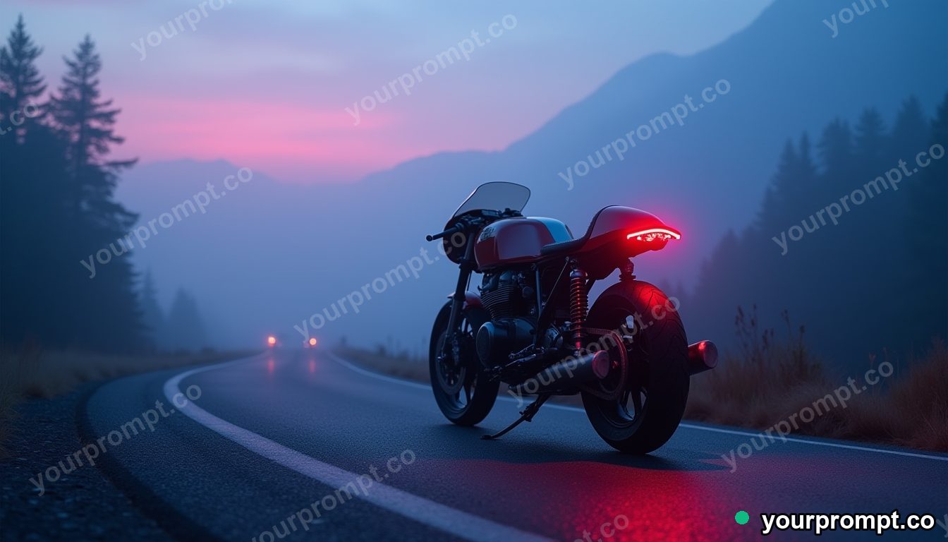 A cafe-racer motorcycle on a foggy mountain road in vaporwave synthwave style — AI-generated image from a text prompt