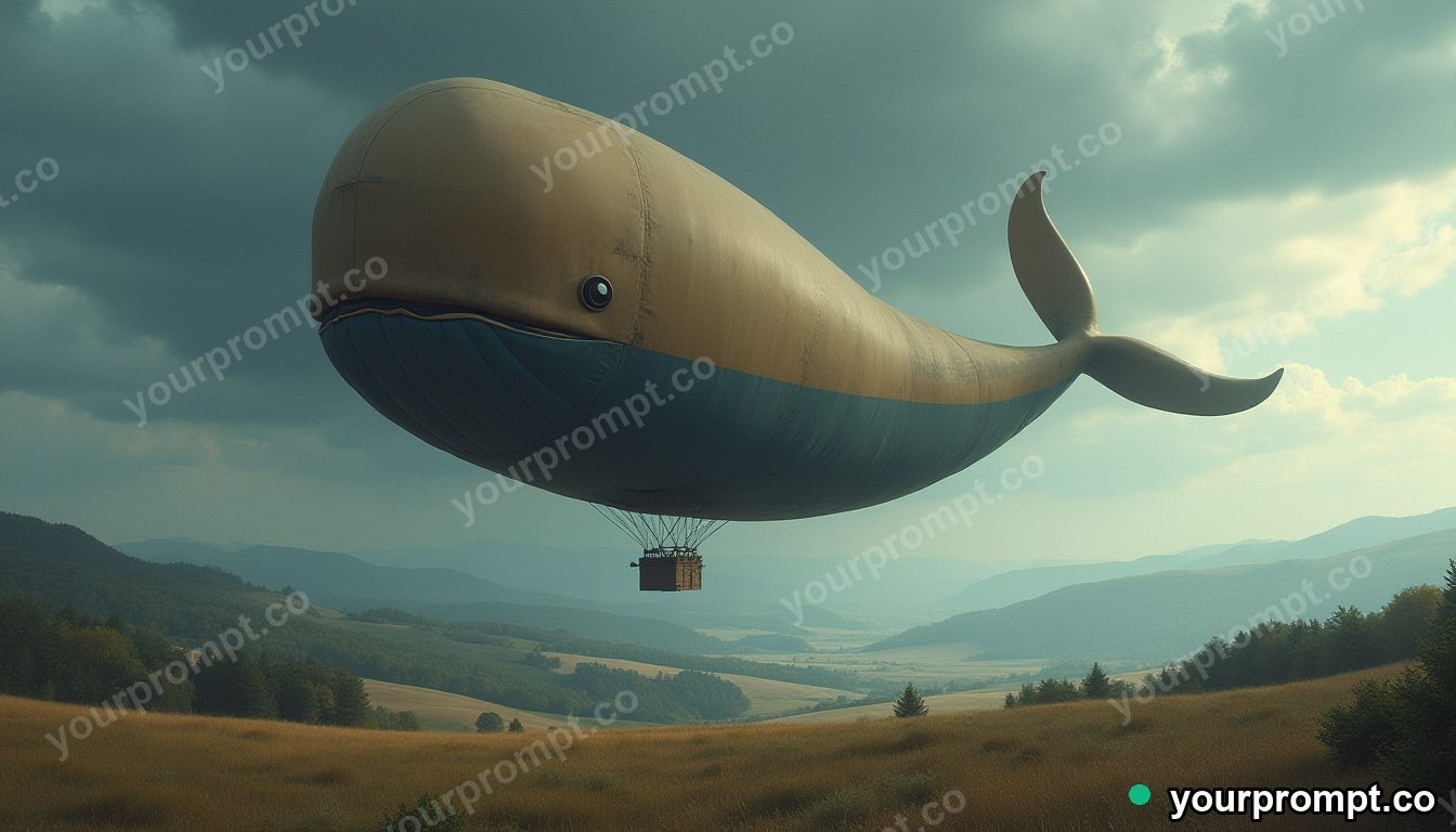 A hot-air balloon shaped like a whale over hills in bold pop-art style — AI-generated image from a text prompt