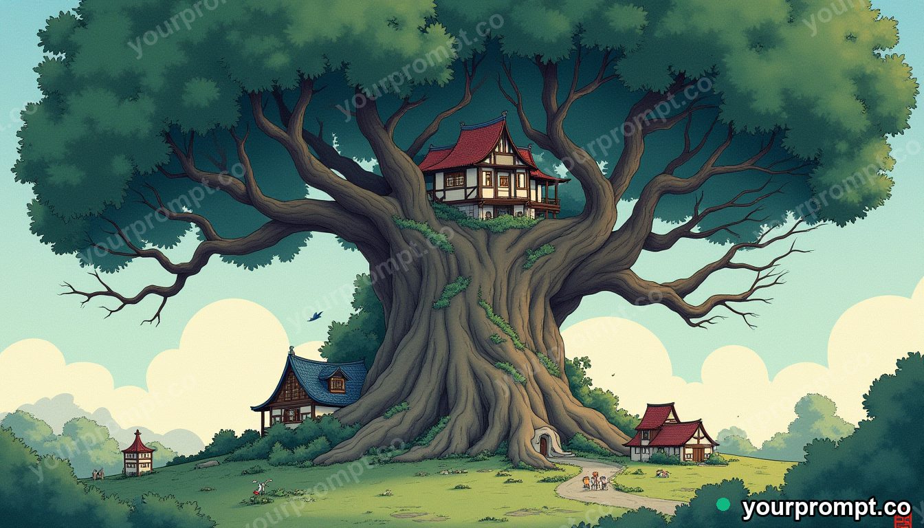 A quiet town built inside a giant tree's branches in ukiyo-e woodblock style — AI-generated image from a text prompt