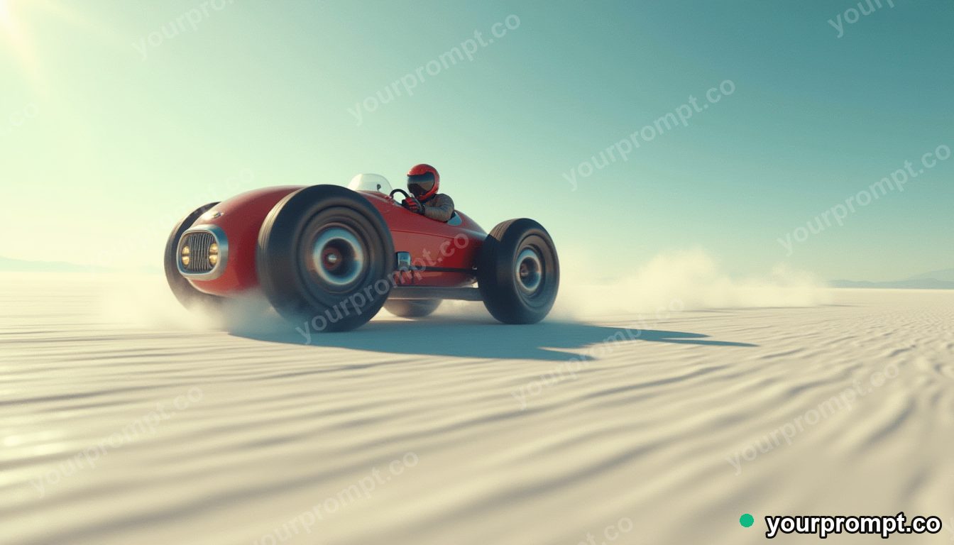 A monowheel racer speeding down a salt flat in surreal digital art style — AI-generated image from a text prompt