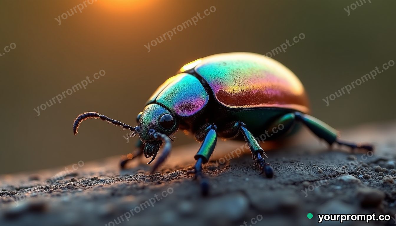 A jewel beetle with metallic iridescent shell in golden-hour photography style — AI-generated image from a text prompt