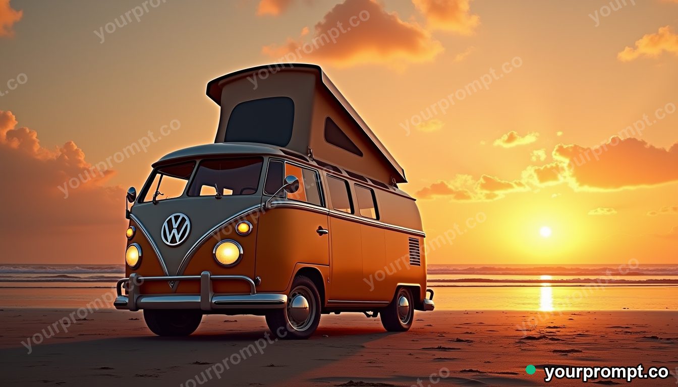 A vintage VW camper van parked at a beach sunset in matte concept painting style — AI-generated image from a text prompt